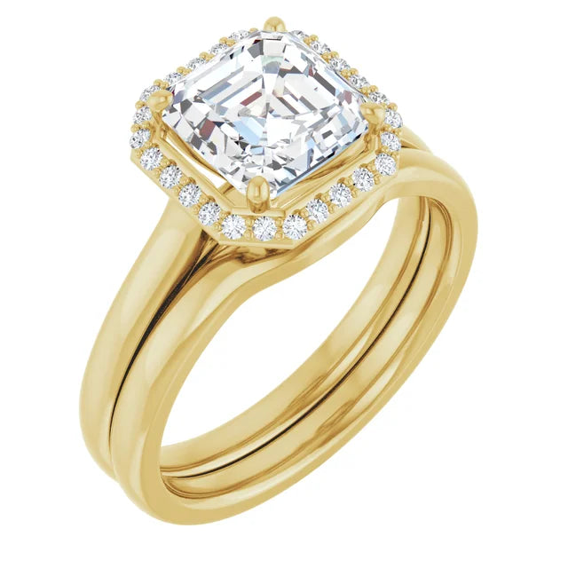 Asscher Halo Solitaire Engagement Ring Yellow Gold. Moissanite
