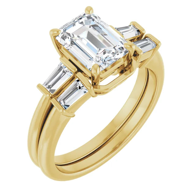 Emerald Yellow Gold Baguette Accent Moissanite Engagement Ring 