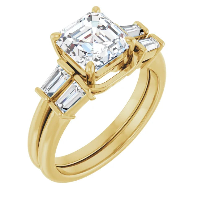 Asscher Yellow Gold Baguette Accent Moissanite Engagement Ring 