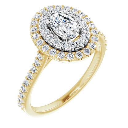 Oval Double Halo White & Yellow Gold Lab Diamond Engagement Ring 