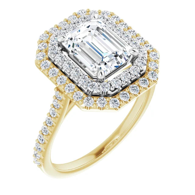 Emerald Double Halo White & Yellow Gold Moissanite Engagement Ring 