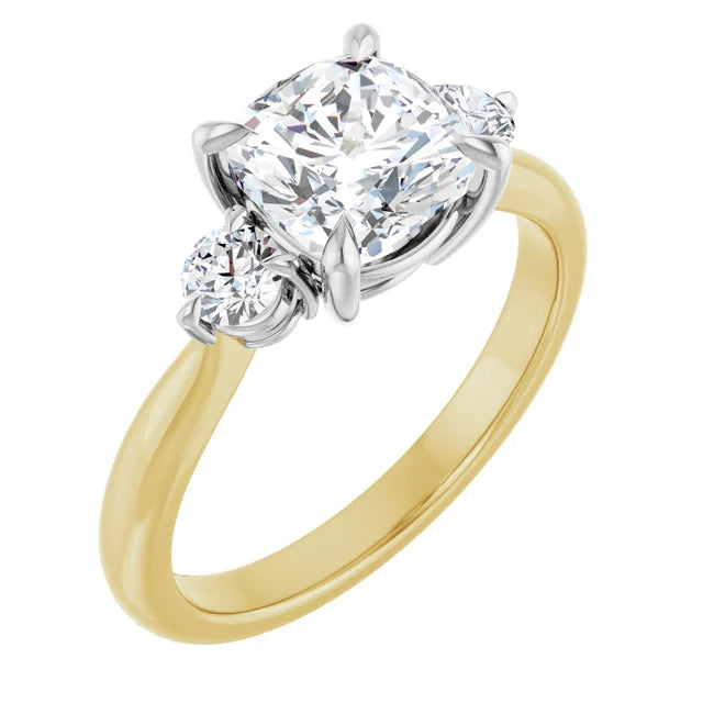 Cushion White & Yellow Gold Tri Stone Moissanite Engagement Ring 