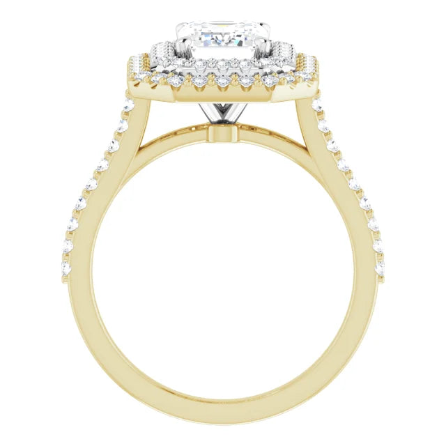 Emerald Double Halo White & Yellow Gold Moissanite Engagement Ring 