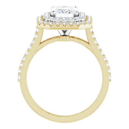Emerald Double Halo White & Yellow Gold Moissanite Engagement Ring 