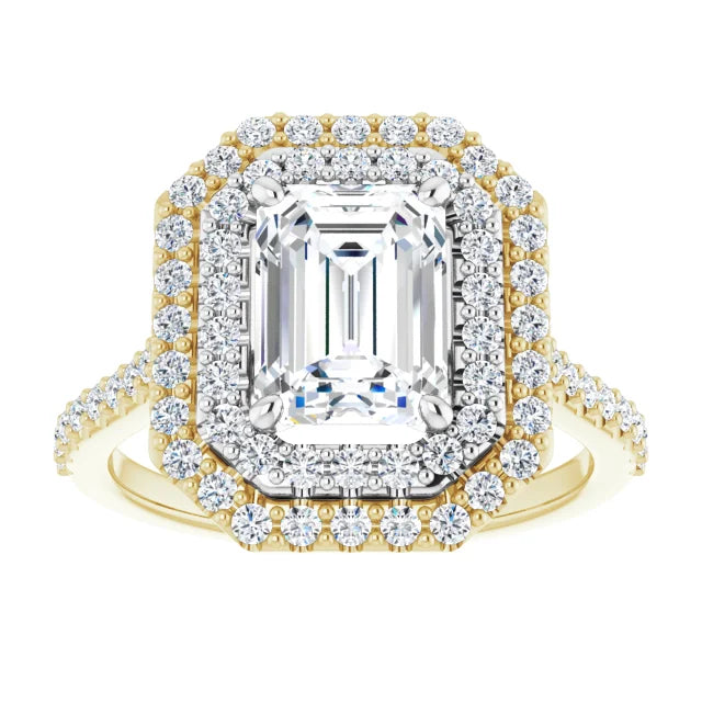 Emerald Double Halo White & Yellow Gold Moissanite Engagement Ring 