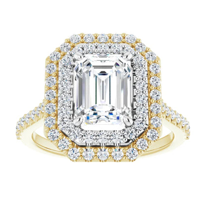 Emerald Double Halo White & Yellow Gold Moissanite Engagement Ring 