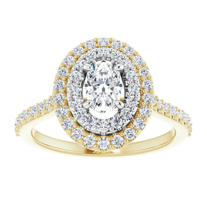 Oval Double Halo White & Yellow Gold Lab Diamond Engagement Ring 