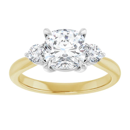 Cushion White & Yellow Gold Tri Stone Moissanite Engagement Ring 