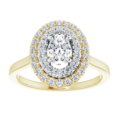 Oval White & Yellow Gold Double Halo Solitaire Moissanite Engagement Ring 