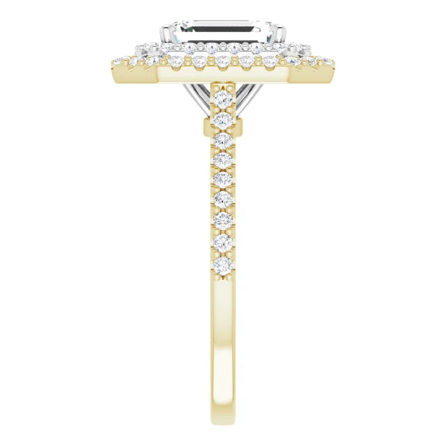 Emerald Double Halo White & Yellow Gold Moissanite Engagement Ring 