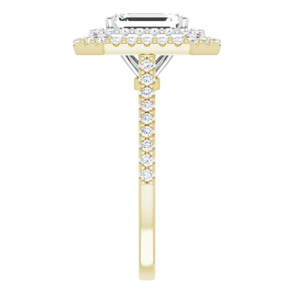 Emerald Double Halo White & Yellow Gold Moissanite Engagement Ring 