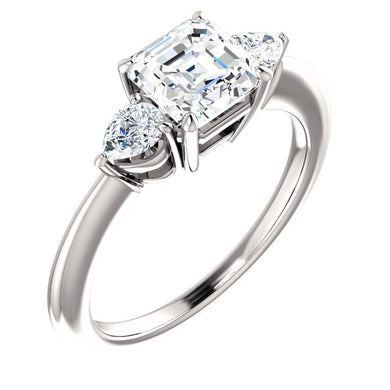 Asscher Tri -Stone Style Pear Accent Engagement Ring - I Heart Moissanites