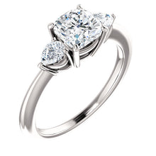 Cushion Tri -Stone Style Pear Accent Engagement Ring - I Heart Moissanites