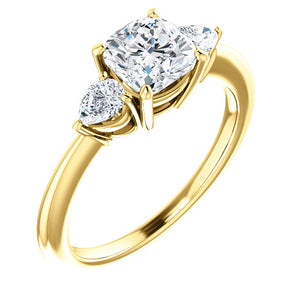 Cushion Tri -Stone Style Pear Accent Engagement Ring - I Heart Moissanites