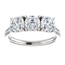 Cushion Tri -Stone Style Engagement Ring - I Heart Moissanites