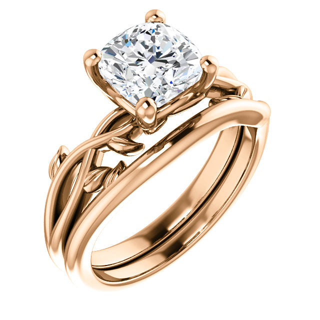 Cushion Solitaire Leaf Design Engagement Ring - I Heart Moissanites