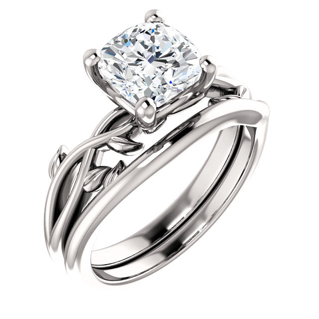 Cushion Solitaire Leaf Design Engagement Ring - I Heart Moissanites