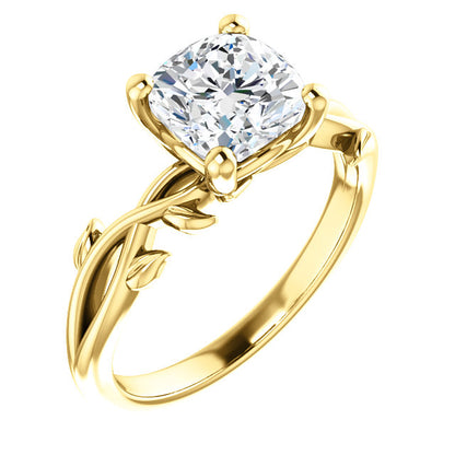Cushion Solitaire Leaf Design Engagement Ring - I Heart Moissanites