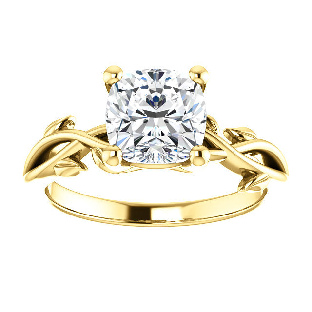 Cushion Solitaire Leaf Design Engagement Ring - I Heart Moissanites