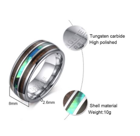 Tungsten Silver With Wood & Shell Inlay Polished 8mm Men's Ring