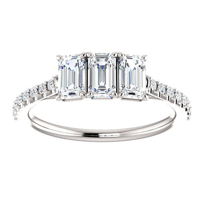 Emerald Tri -Stone Style Engagement Ring - I Heart Moissanites