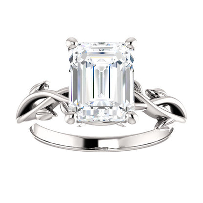 Emerald Solitaire Leaf Design Engagement Ring - I Heart Moissanites
