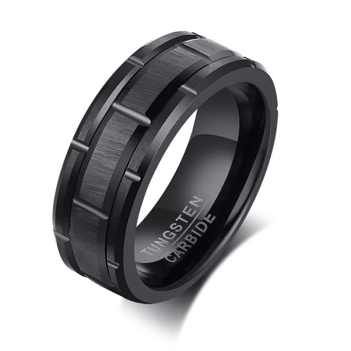 Tungsten Black Patterned Brushed 8mm Men's Ring