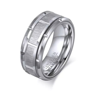 Tungsten Silver Patterned Brushed 8mm Men's Ring