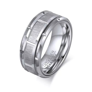 Tungsten Silver Patterned Brushed 8mm Men's Ring