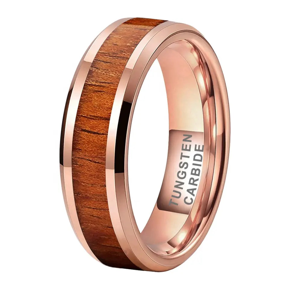 Tungsten Rose & Wood Inlay Mens Ring