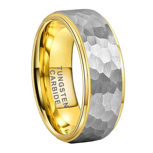 Tungsten Yellow & Silver Hammer Patterned Brushed Men's Ring