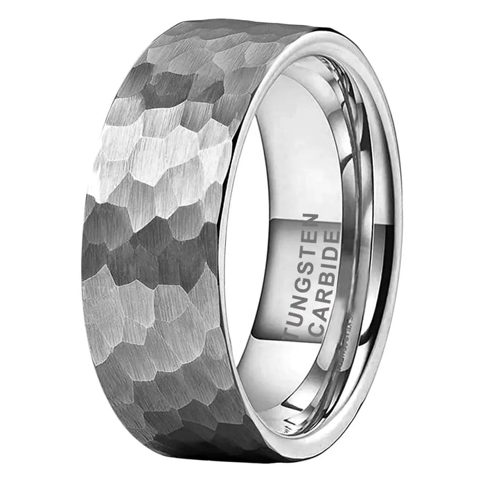 Tungsten Silver Hammer Patterned Brushed Men's Ring