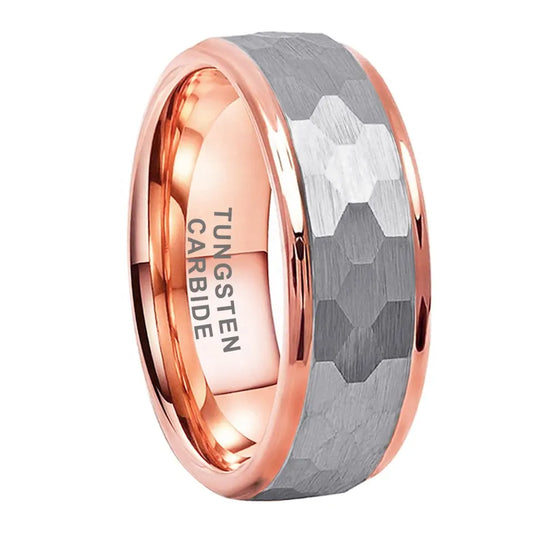 Tungsten Rose & Silver Hammer Patterned Brushed Men's Ring