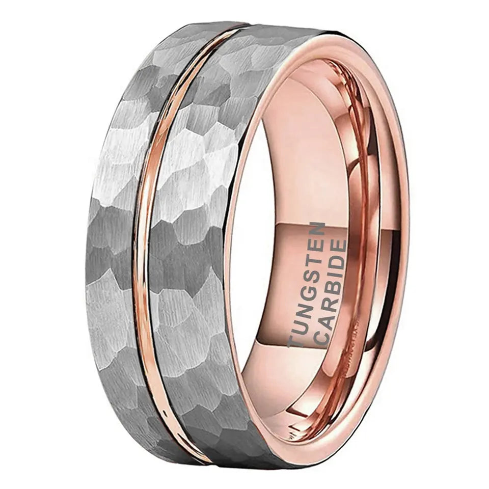 Tungsten Rose & Silver Hammer Patterned Brushed Men's Ring