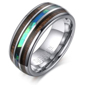 Tungsten Silver With Wood & Shell Inlay Polished 8mm Men's Ring