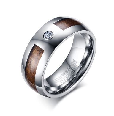 Tungsten CZ & Wood Inlay 8mm Men's Ring