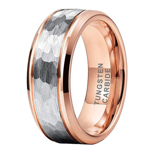 Tungsten Rose & Silver Hammer Patterned Brushed Men's Ring