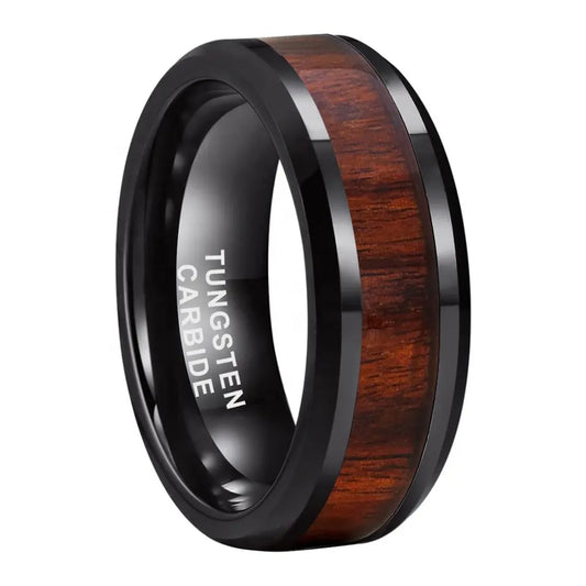 Tungsten Black & Wood Inlay Mens Ring