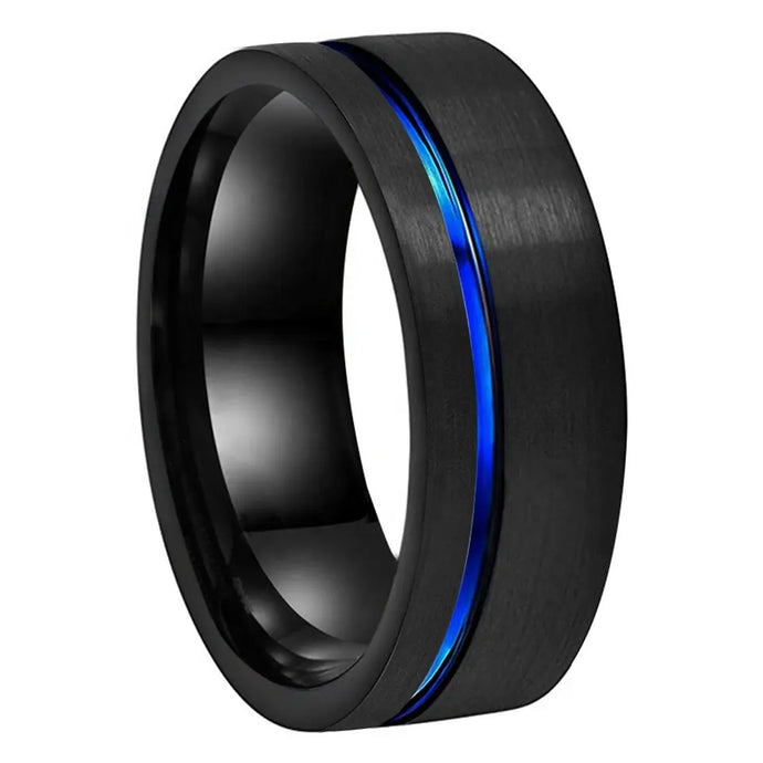 Tungsten Black & Blue Brushed & Polished Mens Ring