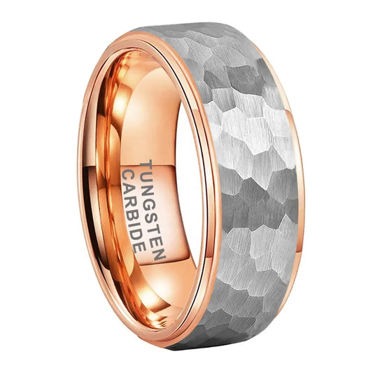 Tungsten Rose & Silver Hammer Patterned Brushed Men's Ring