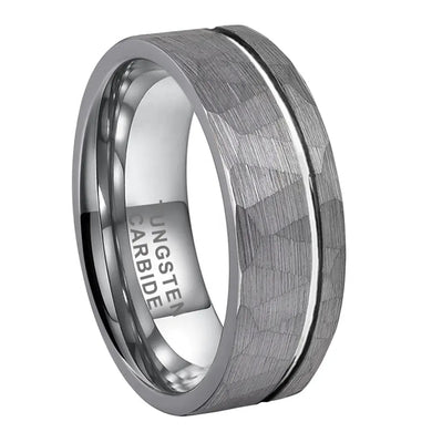 Tungsten Silver Hammer Patterned Brushed Men's Ring