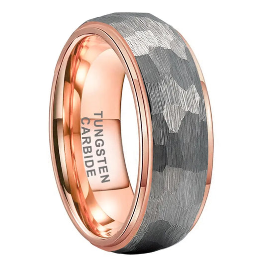 Tungsten Rose & Silver Hammer Patterned Brushed Men's Ring