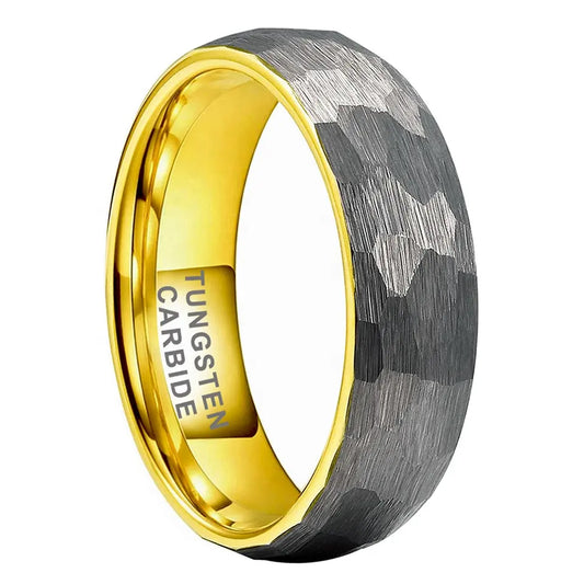 Tungsten Yellow & Silver Hammer Patterned Brushed Men's Ring