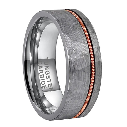 Tungsten Silver & Rose Hammer Patterned Brushed Men's Ring