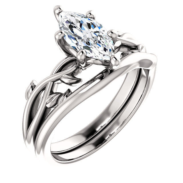 Marquise Solitaire Leaf Design Engagement Ring - I Heart Moissanites