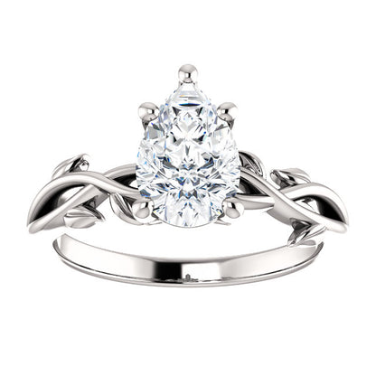 Pear Solitaire Leaf Design Engagement Ring - I Heart Moissanites
