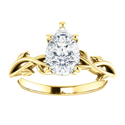 Pear Solitaire Leaf Design Engagement Ring - I Heart Moissanites