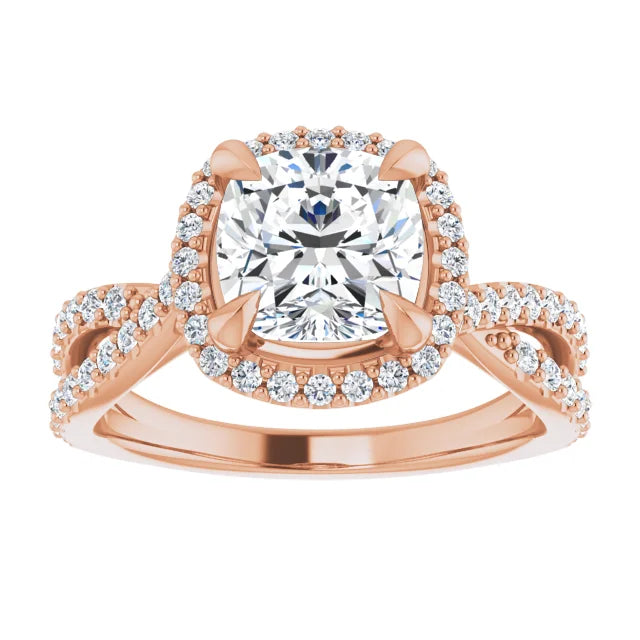 Rose gold cushion cut store halo engagement rings