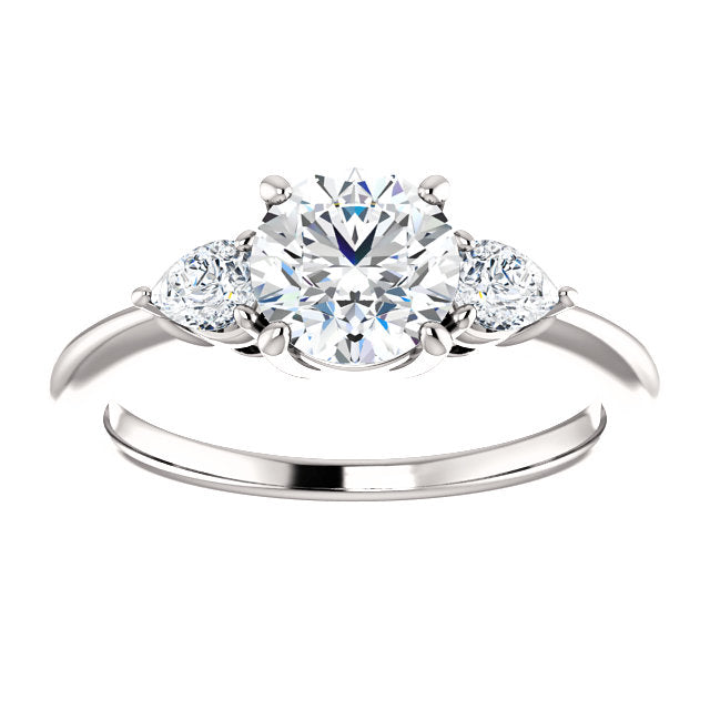 Round Brilliant Tri -Stone Style Pear Accent Engagement Ring - I Heart Moissanites