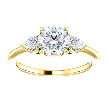 Round Brilliant Tri -Stone Style Pear Accent Engagement Ring - I Heart Moissanites